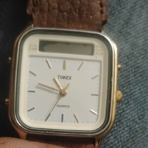Timex Gold Case with Brown Strap Watch